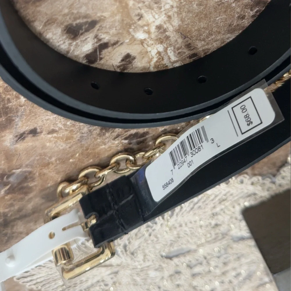 MICHAEL KORS Belt Swag Chain Logo Genuine Leather Black Gold Sz Large AUTHENTIC